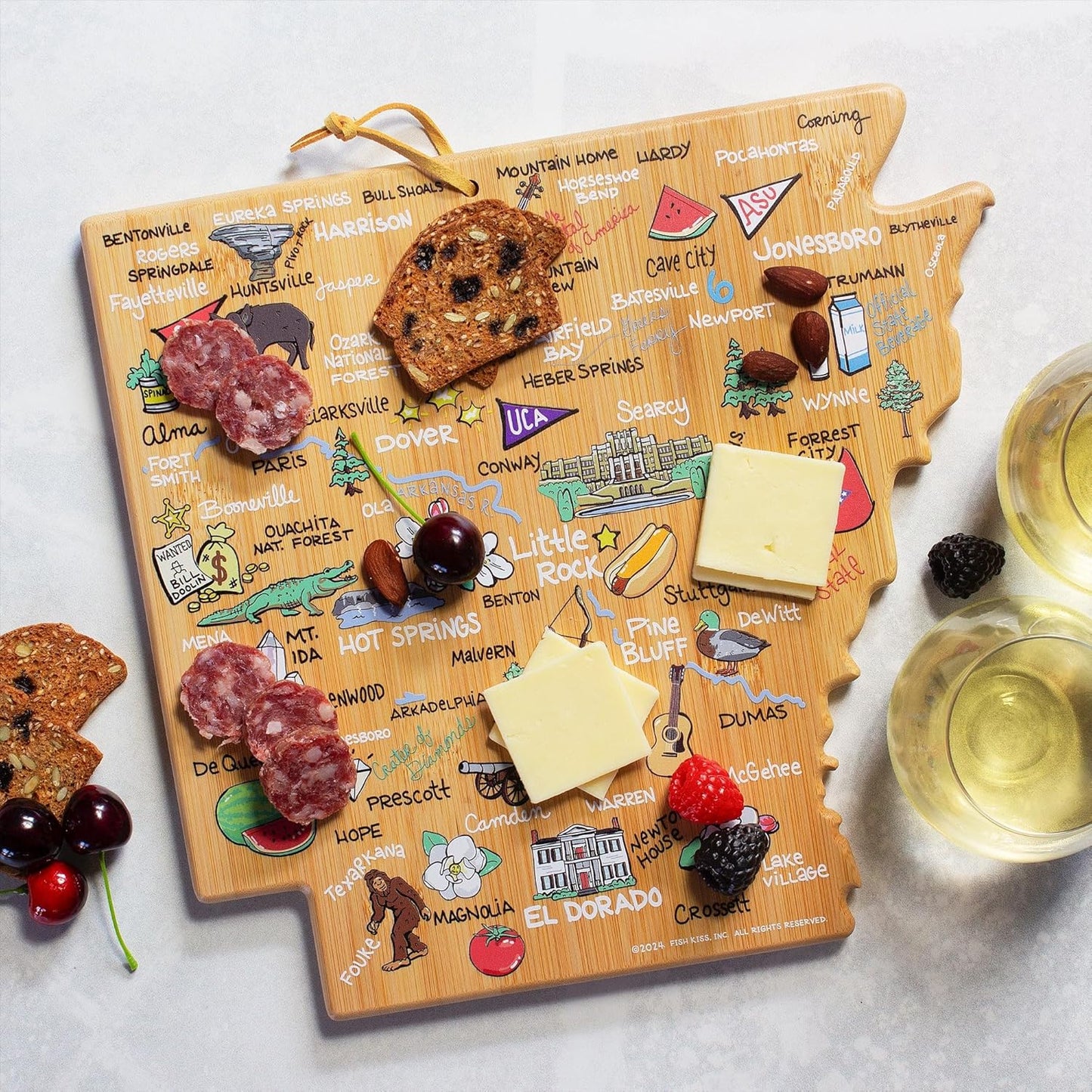 Totally Bamboo Tennessee State Shaped Cutting Board and Charcuterie Serving Platter with Artwork by Fish Kiss, Includes Hang Tie for Wall Display - Colors A