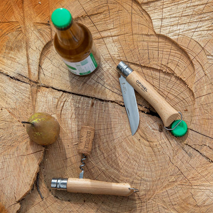 Opinel No. 10 Stainless Steel Corkscrew Wine and Cheese Folding Knife, Integrated Corkscrew + Bottle Opener, Beechwood Handle - Picnic Pocket Knife Made in France (Updated Version)