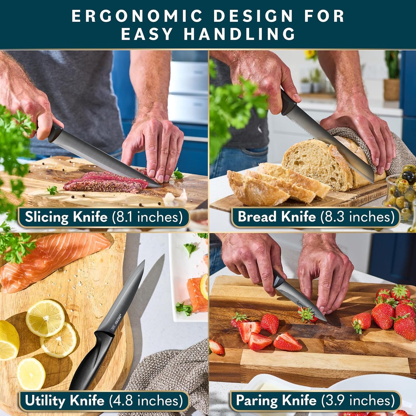 Home Hero Kitchen Knife Set - Wooden Knife Block Organizer - High Carbon Stainless Steel Blades - Ergonomic Handles with Built-In Sharpener & Kitchen Scissors - 16-Pc, Black