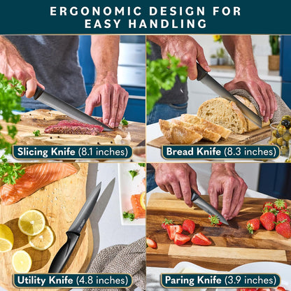 Home Hero Kitchen Knife Set - Wooden Knife Block Organizer - High Carbon Stainless Steel Blades - Ergonomic Handles with Built-In Sharpener & Kitchen Scissors - 16-Pc, Black