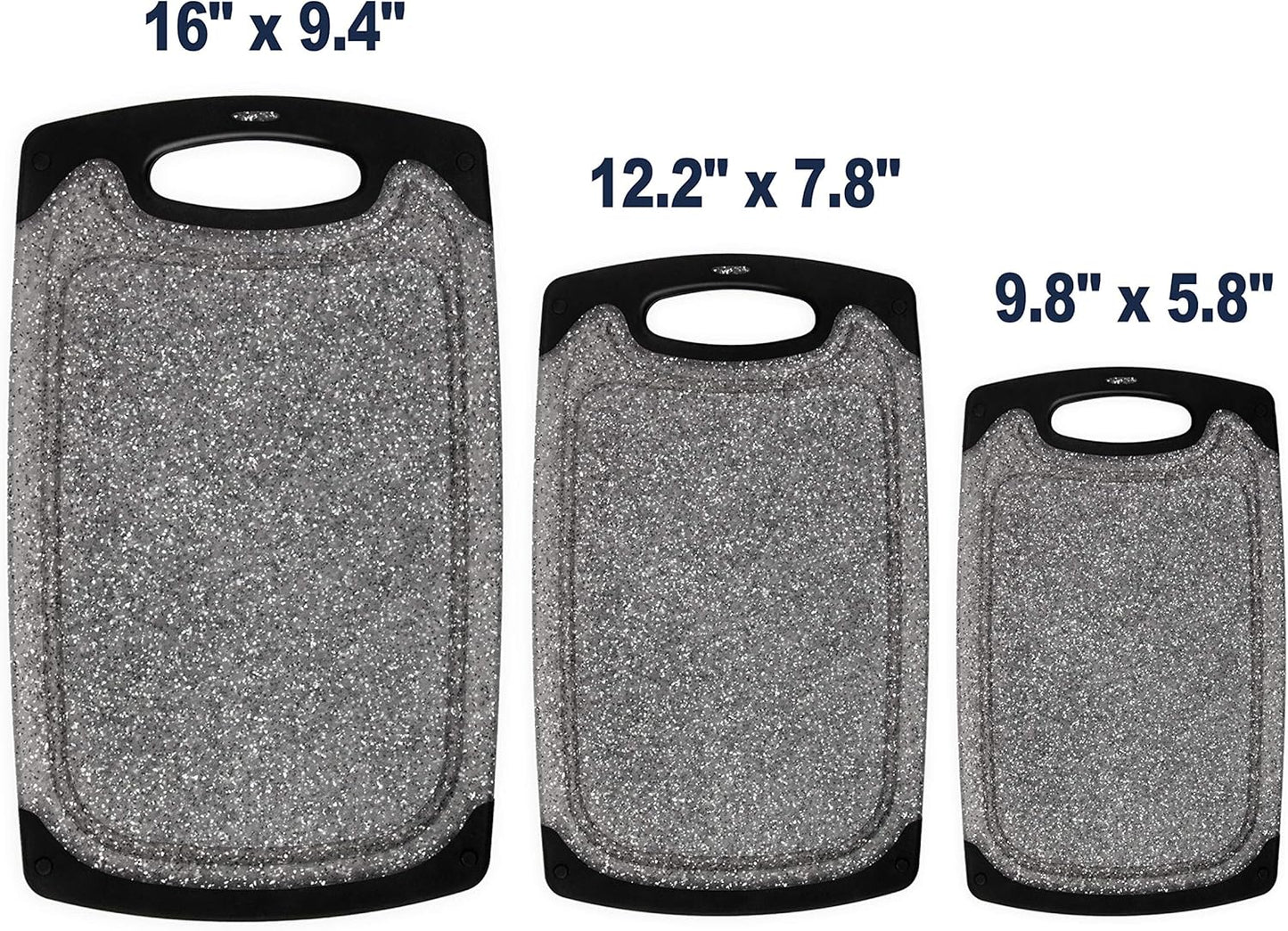 Famiry Reversible Cutting Board Set of 3, Plastic Chopping Board for Kitchen, Non-Slip Design with Easy Grip Handle, Juice Grooves, BPA Free, Dishwasher Safe (3-Piece, Black)