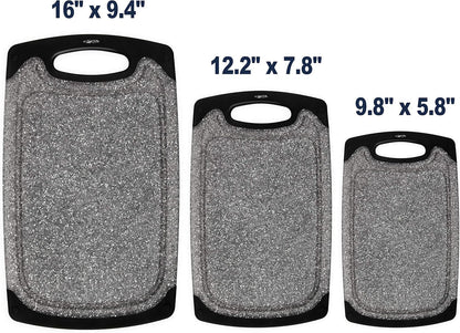 Famiry Reversible Cutting Board Set of 3, Plastic Chopping Board for Kitchen, Non-Slip Design with Easy Grip Handle, Juice Grooves, BPA Free, Dishwasher Safe (3-Piece, Black)