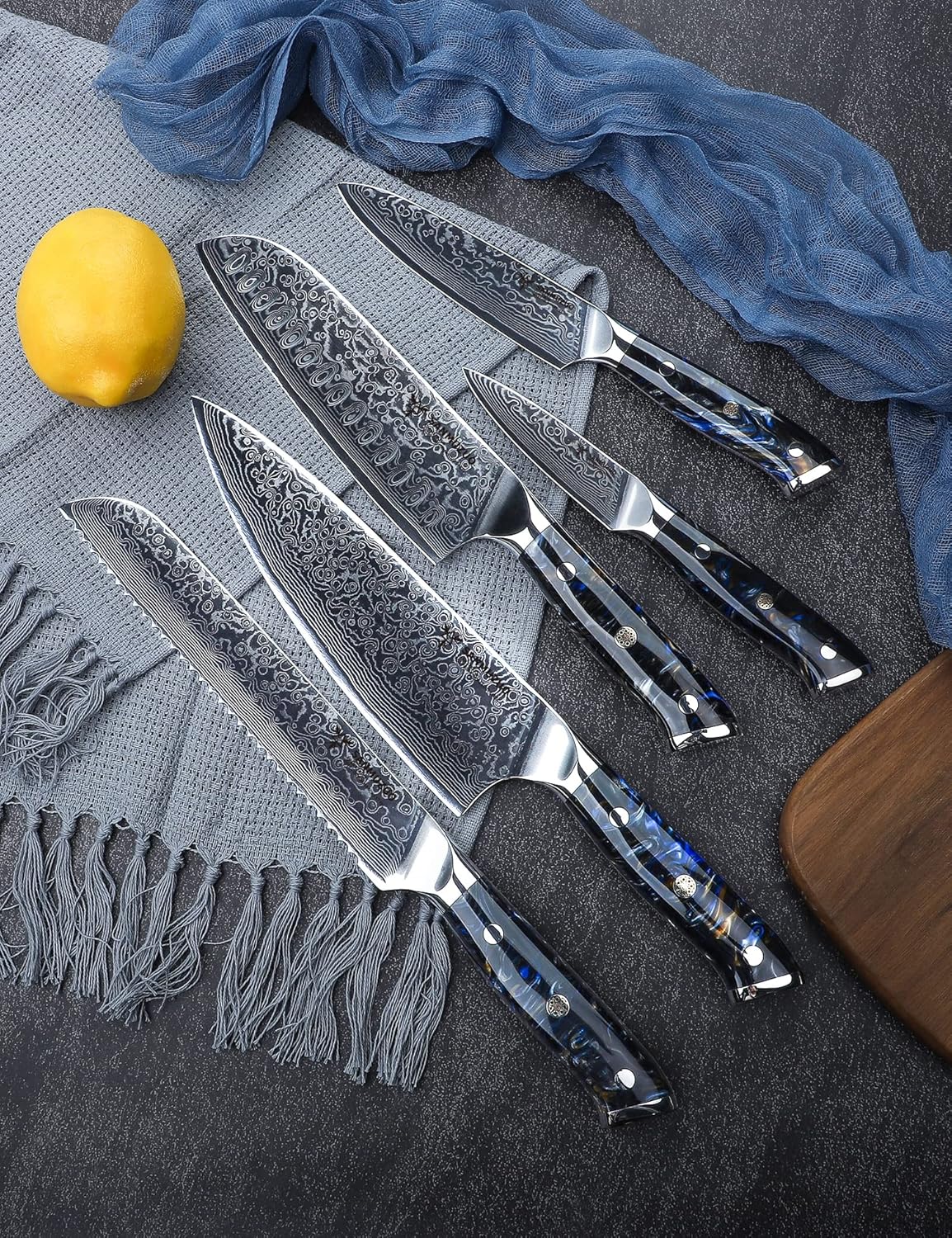 Steak Knives Set of 4, Ultra Sharp Non Serrated Kitchen Steak Knife 5 Inch - Damascus Steel & Resin Handle - Xuan Series (Sapphire Blue)