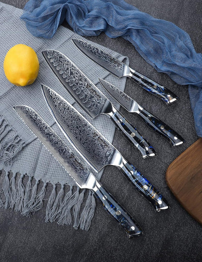 Steak Knives Set of 4, Ultra Sharp Non Serrated Kitchen Steak Knife 5 Inch - Damascus Steel & Resin Handle - Xuan Series (Sapphire Blue)