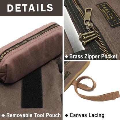 16OZ Waxed Canvas Tool Roll Bag, Heavy Duty Tool Storage Roll Bag with 7 Tool Slots & 1 Detachable Pouch, Khaki Tool Organizer for Wrenches and Tools (23.5"L x 9.5"W)