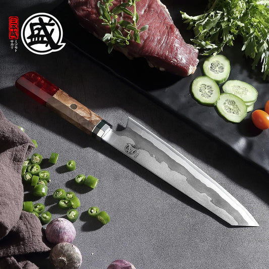 MITSUMOTO SAKARI 8-Inch Japanese Kiritsuke Knife, Hand Forged 440C Damascus Steel Chef Knife, White Pomegranate Handle, Sandalwood Box