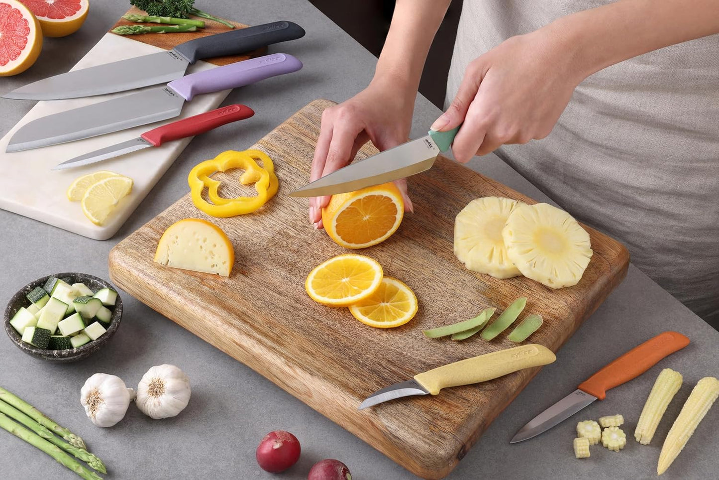 Zyliss Classic 6 Piece Knife Set, Chef Santoku Utility Paring Serrated & Peeling Knives, Stainless Steel 15° Hollow-Ground Blades, Ergonomic Wheat Straw Handles