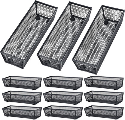 Neudeco Silverware Organizer,Mesh Drawer Organizer for Kitchen，Metal Utensil Organizer for Flatware, Knives, Spoons,Cosmetic (Silver 9 * 3 * 2 inch Pack6)