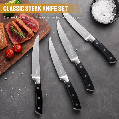 Steak Knives Set of 8, 5 Inch Non Serrated Steak Knife with Walnut Block, Razor-Sharp German Stainless Steel Dinner Knives, Durable Full Tang Forged Straight Edge Meat Knife for Home Dining&Gift
