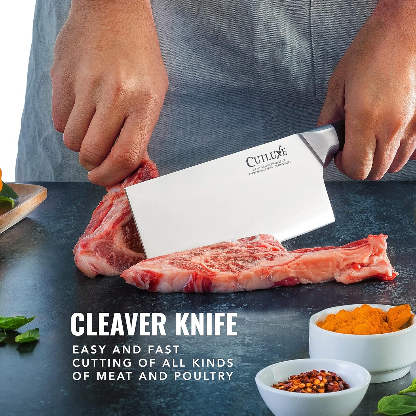 Cutluxe Meat Cleaver Knife - 7" Heavy Cleaver Butcher Knife, Razor Sharp German Steel Blade, Full Tang, Ergonomic Handle Design – Artisan Series