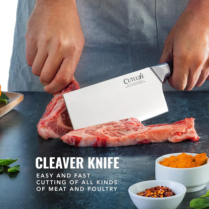 Cutluxe Meat Cleaver Knife - 7" Heavy Cleaver Butcher Knife, Razor Sharp German Steel Blade, Full Tang, Ergonomic Handle Design – Artisan Series