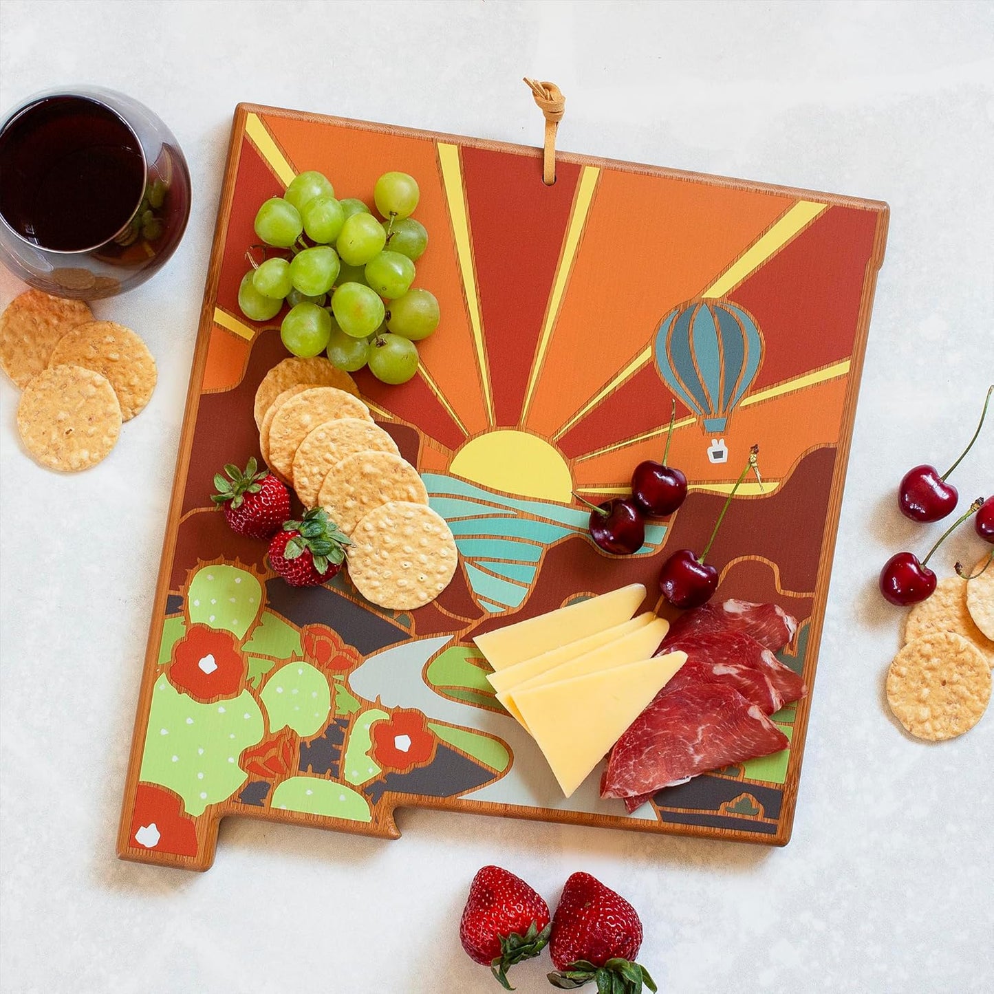 Totally Bamboo North Carolina State Shaped Cutting Board and Charcuterie Serving Platter with Artwork by Summer Stokes, Includes Hang Tie for Wall Display 18" x 8" x 5/8" - Colors B