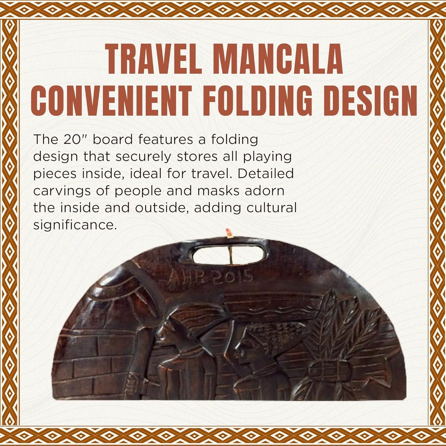 Africa Heartwood Project African Oware Mancala Board - Deluxe Circular Shape with Handle, Hand-Carved, Solid Wood with Detailed Designs, Wooden Folding, 48 Seeds and Instructions Included