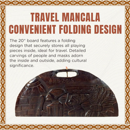 Africa Heartwood Project African Oware Mancala Board - Deluxe Circular Shape with Handle, Hand-Carved, Solid Wood with Detailed Designs, Wooden Folding, 48 Seeds and Instructions Included