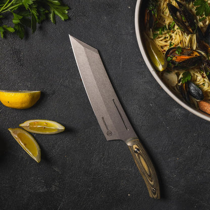 Messermeister Carbon 8” Bunka Chef’s Knife - Bohler K110 High Carbon Steel with a Ceramic Stonewash Finish - Resin-Stabilized Wood Handles - Handcrafted in Maniago, Italy