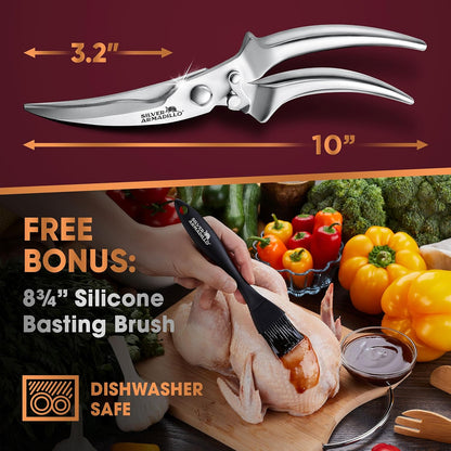Heavy Duty Poultry Shears - Professional Stainless Steel Kitchen Scissors for Bone, Chicken, Meat, Fish & Vegetables - Spring Loaded (Brown Wood Handles)