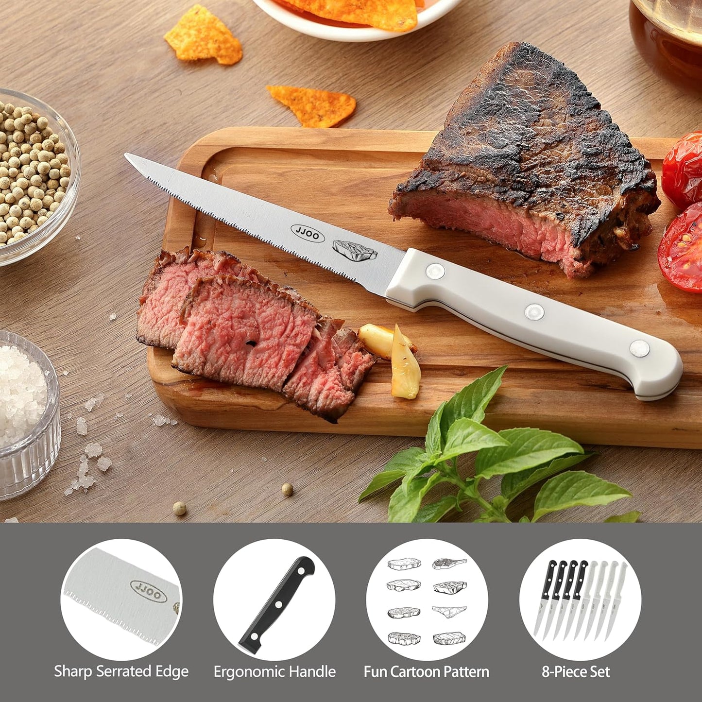 JJOO Steak Knives Set of 8, Serrated Steak Knives Set of 4 for Black and 4 for White, Dishwasher Safe (Unique Pattern)
