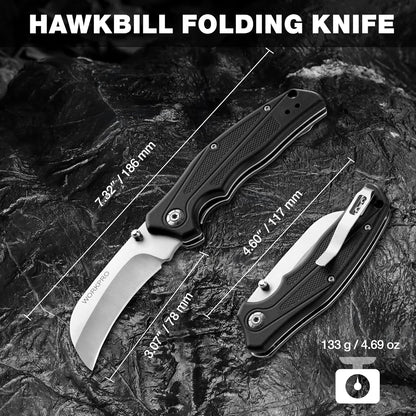 WORKPRO Pocket Knife, Hawkbill Folding Utility Knife with Lanyard Hole and Belt Clip, Electrician Knife for Cable Skinning and Carpet, Linoleum, Cardboard, Rope, Wire Cutting