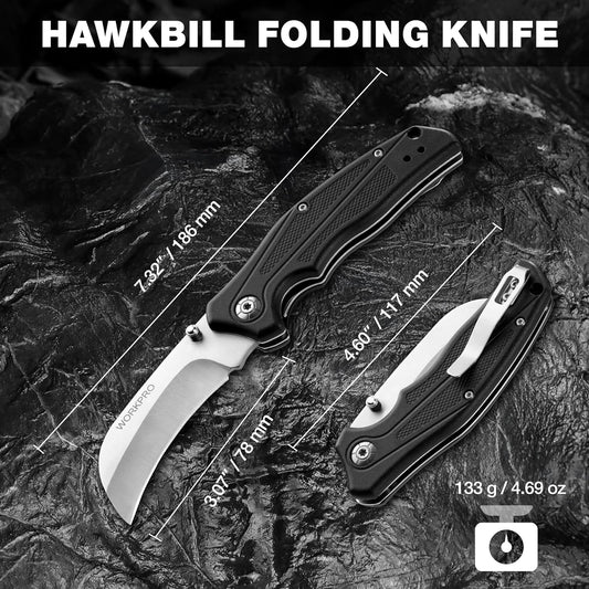 WORKPRO Pocket Knife, Hawkbill Folding Utility Knife with Lanyard Hole and Belt Clip, Electrician Knife for Cable Skinning and Carpet, Linoleum, Cardboard, Rope, Wire Cutting