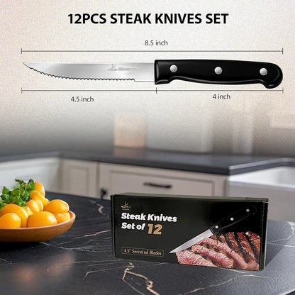 Upgraded Steak Knives Set of 8, Uncoated Stainless Steel Serrated Steak Knife Set, 4.5 Inch Steak Knife with Ergonomic Handle and Sharp Blades, Dishwasher Safe Dinner Knives for Kitchen, Restaurant