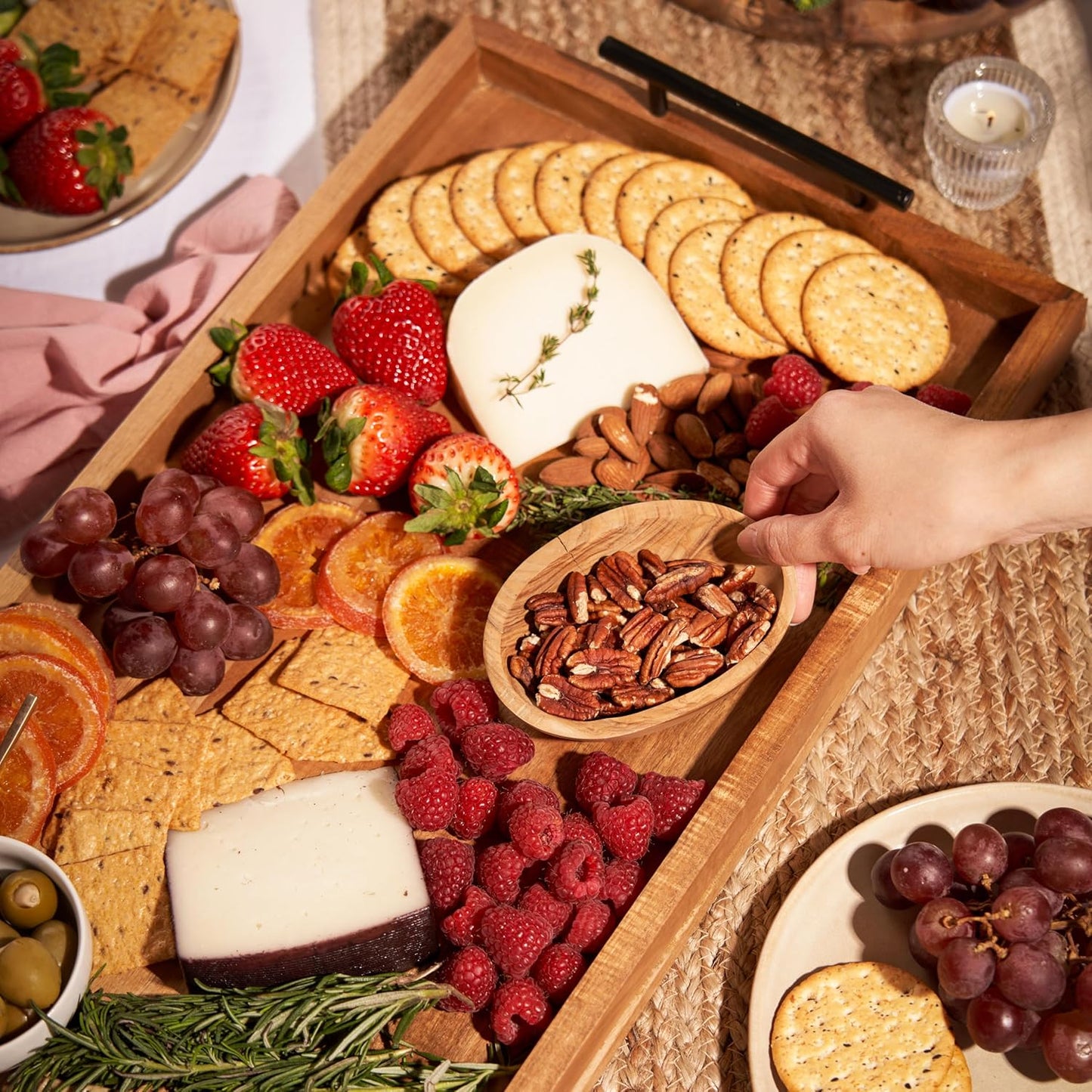 Twine Acacia Cheese Board and Knife Set, Footed Cheese Snack Tray and Cheese Knives Set Cooking Accessories, 16inch Diameter