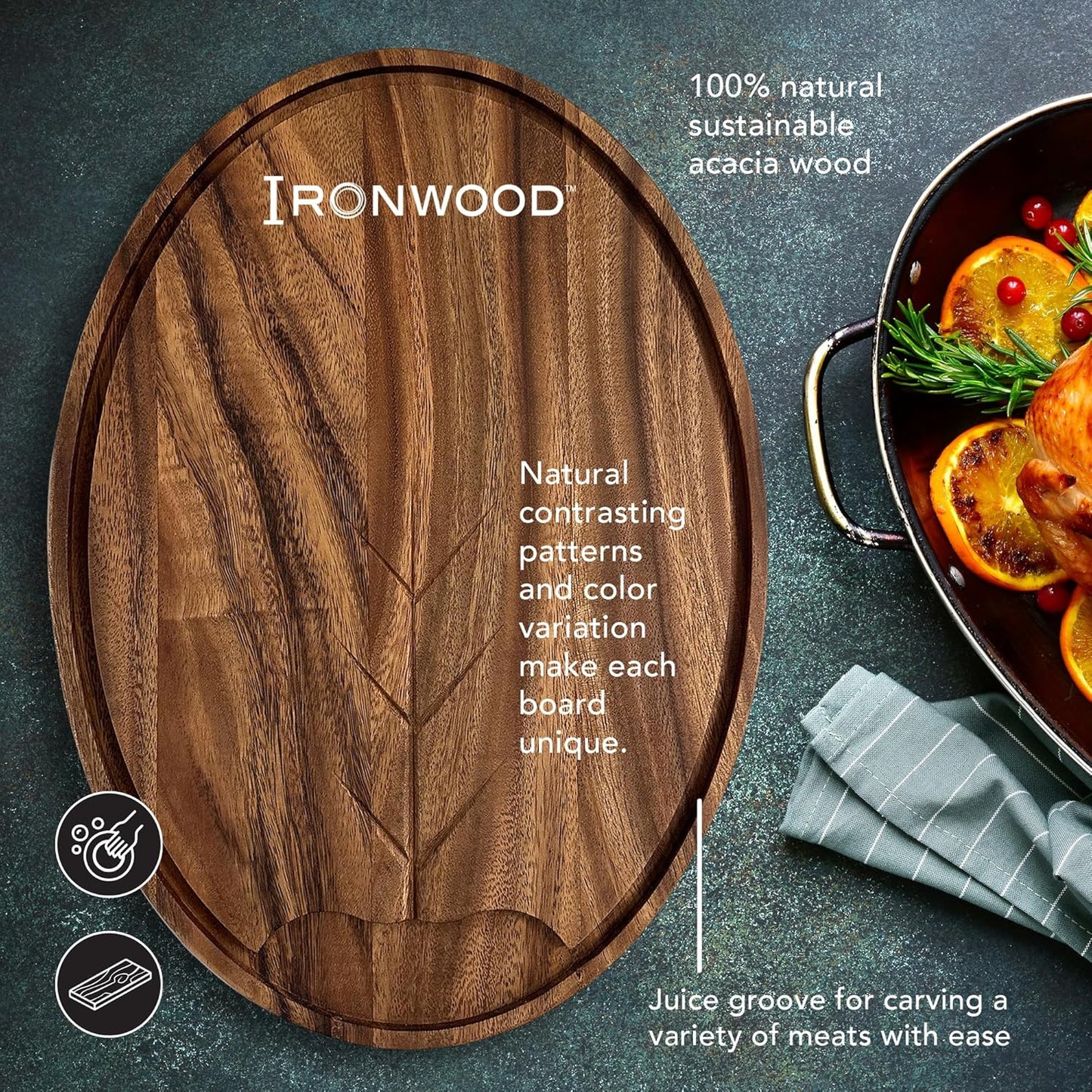 Ironwood Gourmet Gansevoort Large Carving Board, 16" x 24" Acacia Reversible Wood Cutting Board with Juice Groove and Grip Pad