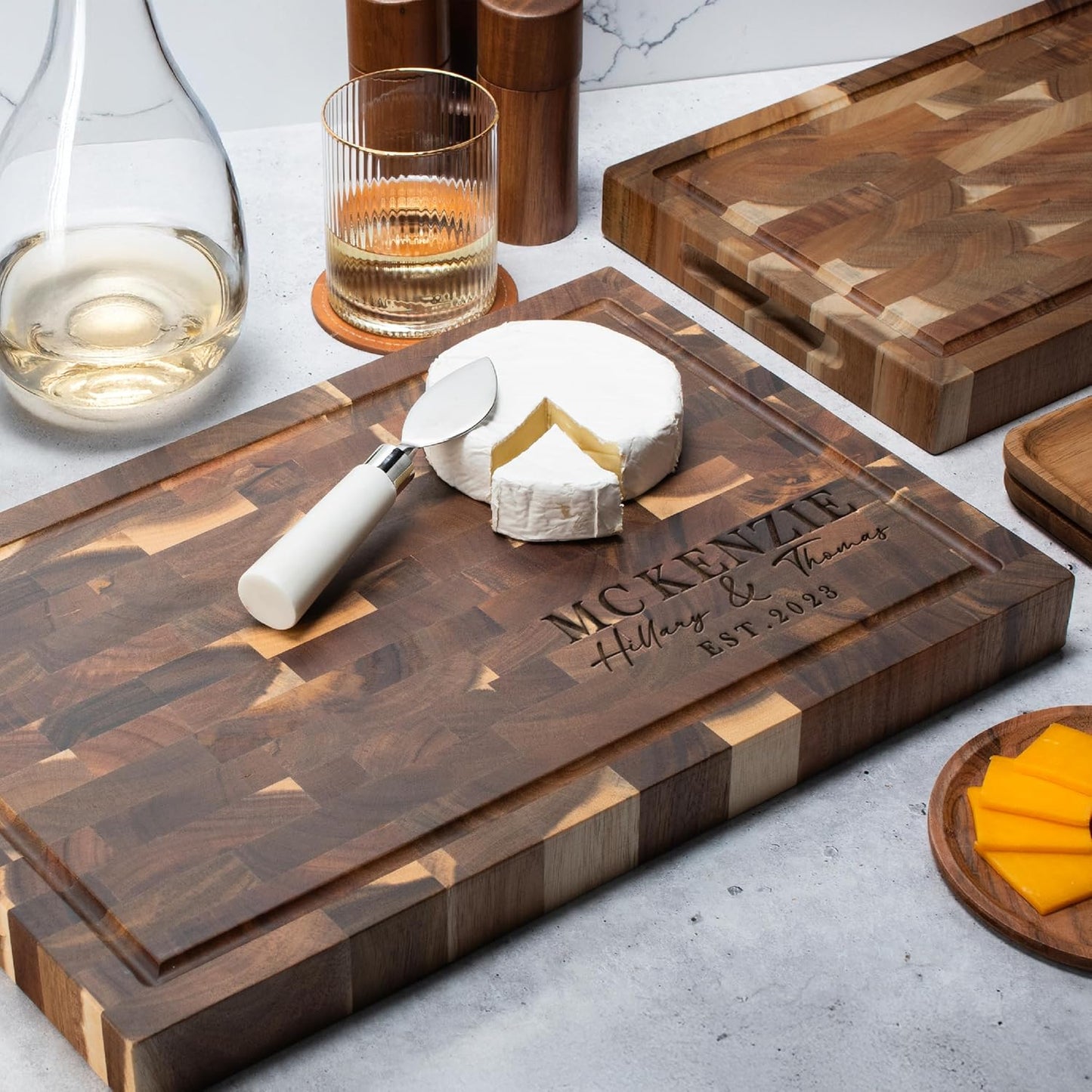 Personalized End Grain Acacia Wood Cutting Board - Custom Engraved Butcher Block with Name & Date - Deep Juice Groove, 2 Size Options - Housewarming, Wedding, Chef Gift