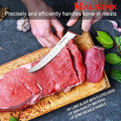 6PCS Professional Butcher Knife Set with Softgrip, 8" Butcher, 6" Semi-Flex/Stiff Boning, 5" Skinning, 8" Sharpener Rod & Knife Roll Bag for Home Kitchen, Camping, Hunting