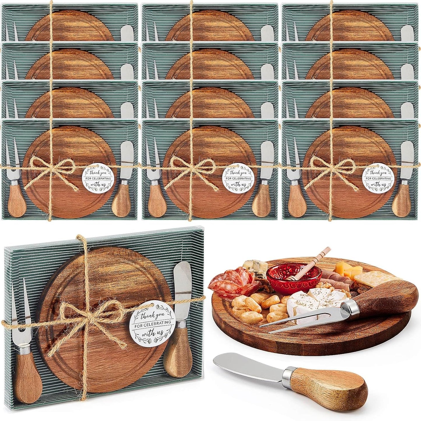 Maxcheck 18 Sets Baby Shower Bridal Game Prizes for Winners Round Cheese Board Set Wood Mini Charcuterie Board with Knives and Forks Thank You Card with Gift Box for Guests Wedding (Bamboo)