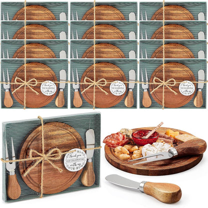 Maxcheck 18 Sets Baby Shower Bridal Game Prizes for Winners Round Cheese Board Set Wood Mini Charcuterie Board with Knives and Forks Thank You Card with Gift Box for Guests Wedding (Bamboo)