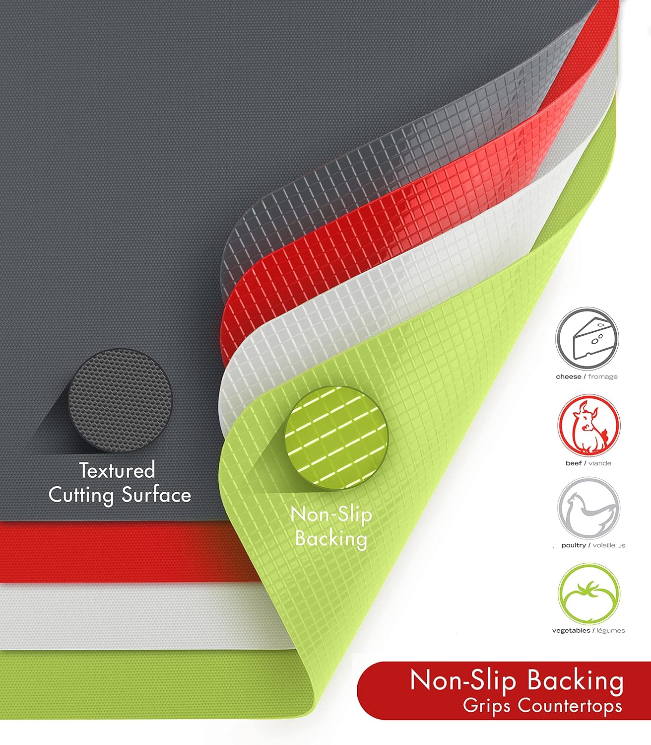 Dexas Heavy Duty Cutting Board Grippmat, Flexible Cutting Boards for Kitchen, Set of 4, Non Slip Plastic Board Cutting Mat Small Size 5.5 x 8, Blue, Green, Yellow, Red Set, Kitchen Gadgets