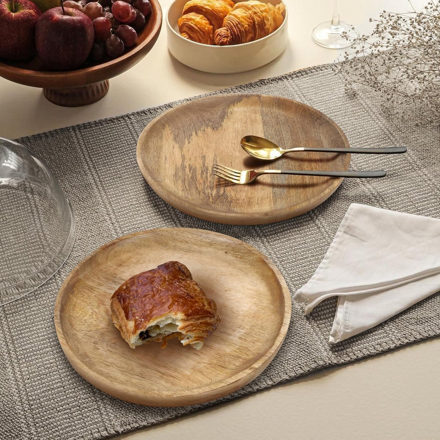 Mango Carving Wood Round Platters for Ottoman or Side Table, Charcuterie Board or Cheese Platter for Living Room (13" x 13" x 2" - White Wash)