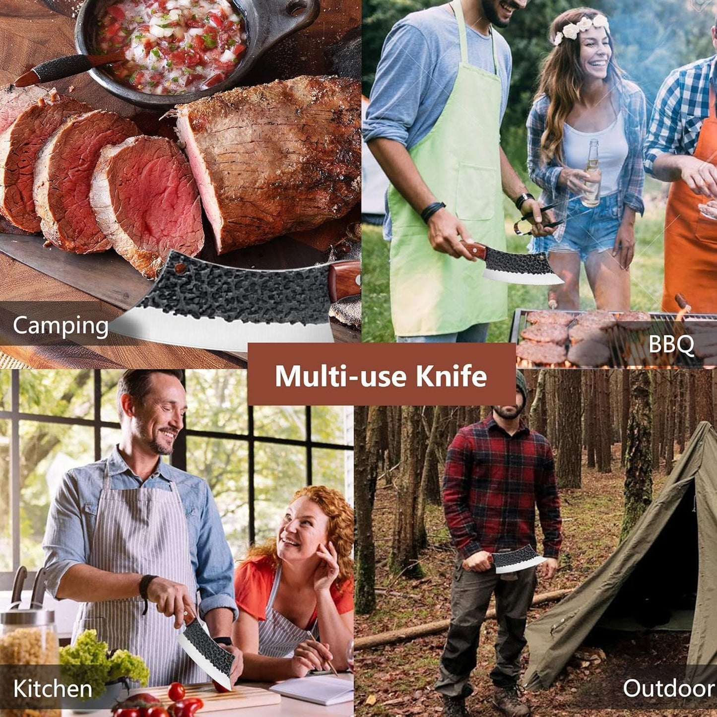Freelander Butcher Knife Set 3 PCS, Japanese Chef Knife Set with Roll Bag, Full Tang Meat Cleaver for Kitchen & Camping & BBQ, Gift for Men