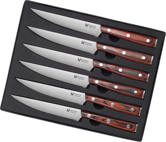 Steak Knives Set of 6 - Ultra Sharp Easy to Hold - Full Tang Wood Handle High Carbon Stainless Steel, Straight Edge Non Serrated - 5'' Kitchen Dinner Knife Cutlery Set in Gift Box