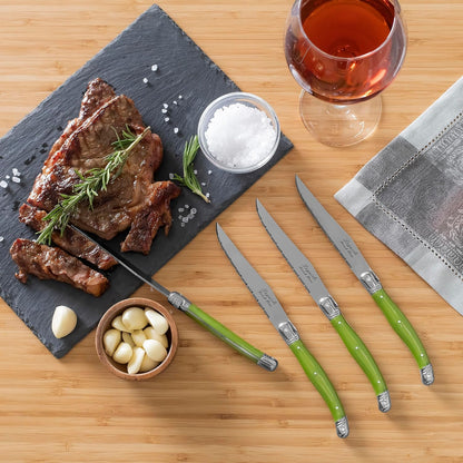 French Home Laguiole 4-Piece Steak Knife Set – Sophisticated Stainless Steel Dinner Knives with Navy Blue Handles & Iconic Bee Emblem – Serrated Knives for Smooth Cutting (9.25")