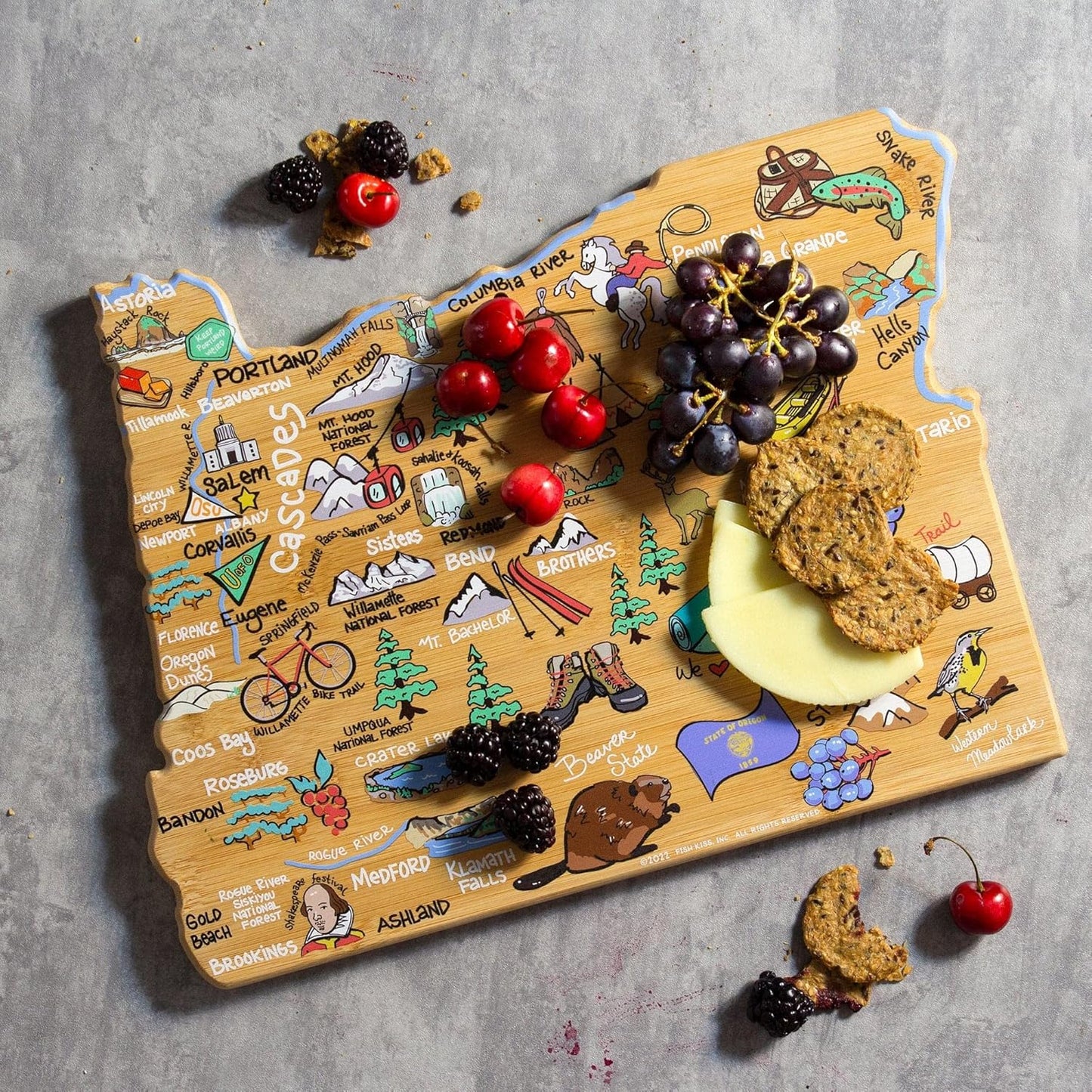 Totally Bamboo Tennessee State Shaped Cutting Board and Charcuterie Serving Platter with Artwork by Fish Kiss, Includes Hang Tie for Wall Display - Colors A
