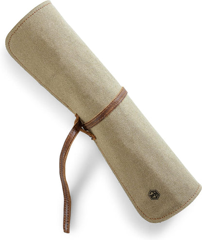 Angus Stoke Knife Bag made of durable Canvas & genuine buffalo Leather - Chef's Knife Roll Case for Cooking, Camping & BBQ - Knives storage Neil (Beige)