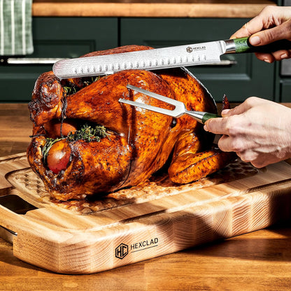 HexClad Hybrid Beechwood Carving and Cutting Board with Stainless Steel Drip Tray, Carrying Handle, and Juice Trenches, Double-Sided