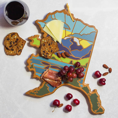 Totally Bamboo North Carolina State Shaped Cutting Board and Charcuterie Serving Platter with Artwork by Summer Stokes, Includes Hang Tie for Wall Display 18" x 8" x 5/8" - Colors B