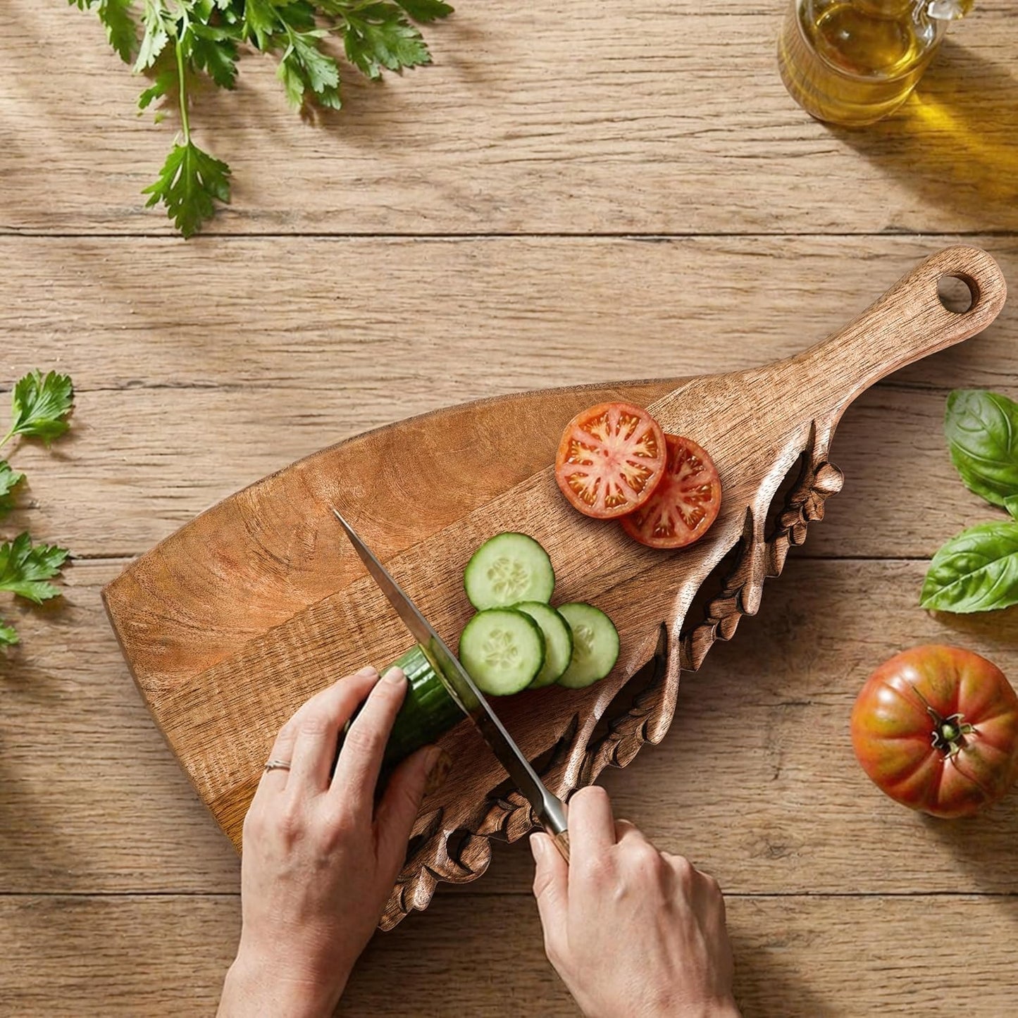 Lightnpro 16 Inch Natural Burnt Wood Chopping Board | Hand Carved Large Cutting Board & Vegetable Tray | Durable Reversible Rustic Kitchen Board | Premium Handcrafted Decorative