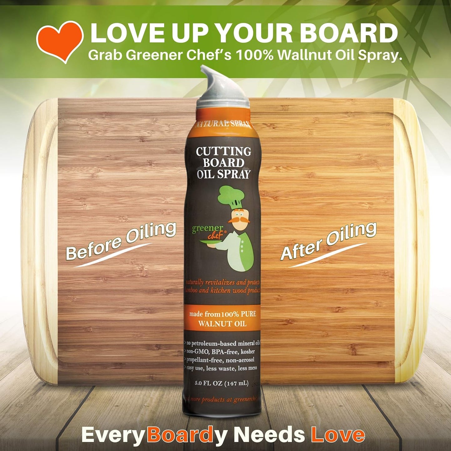 Greener Chef Non Toxic Cutting Board Oil - Innovative Spray for No Mess and Less Waste - Pure Italian Walnut Oil Conditioner for Wood Butcher Blocks, Bamboo Chopping Boards and Wooden Kitchen Utensils