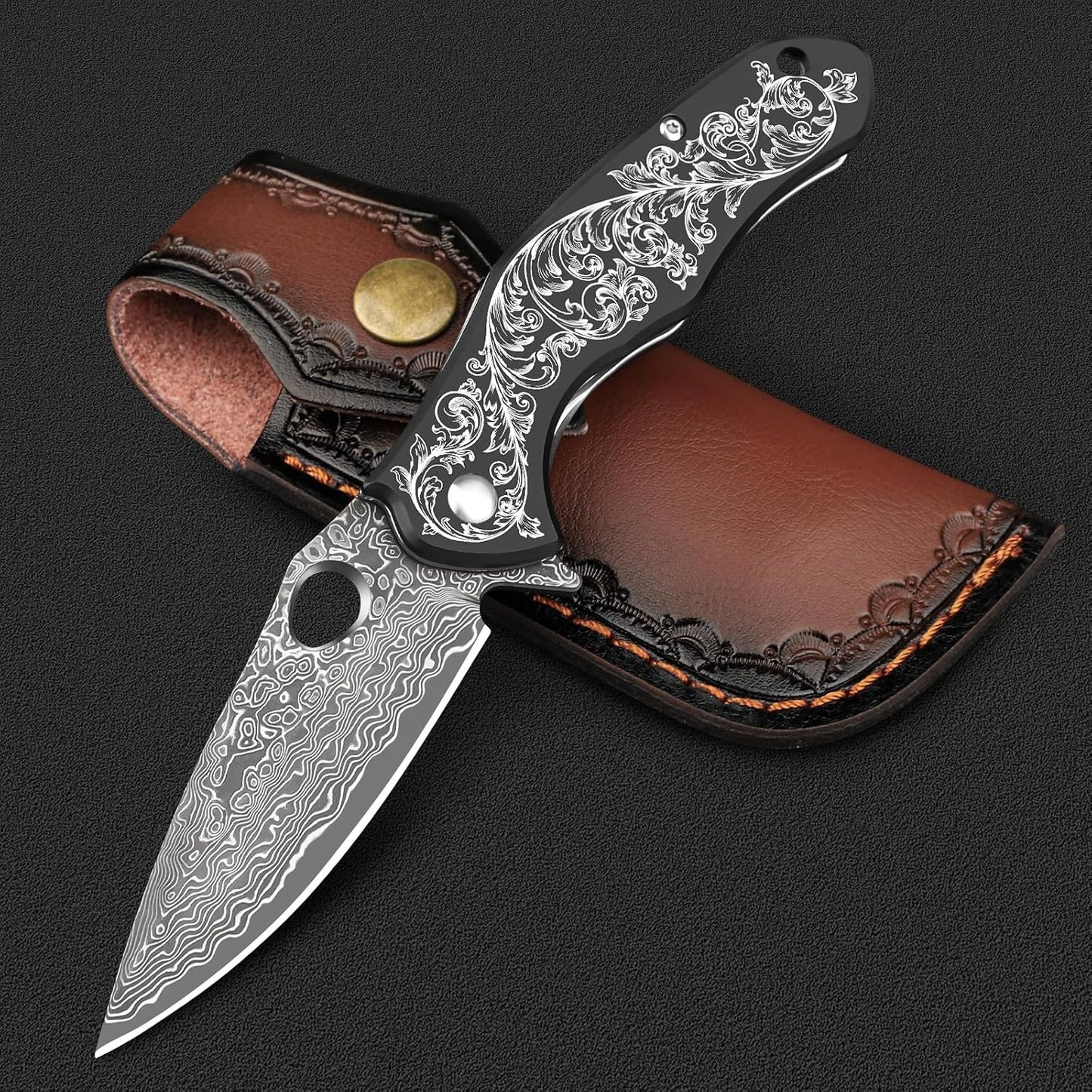 KOMWERO Damascus Pocket Knife for Men, VG10 Core Damascus Steel Folding Knife with Wood Handle, Ball Bearing, Thumb Hole, Liner Lock, Sheath for EDC Outdoor Survival Hunting