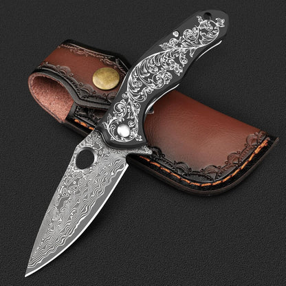 KOMWERO Damascus Pocket Knife for Men, VG10 Core Damascus Steel Folding Knife with Wood Handle, Ball Bearing, Thumb Hole, Liner Lock, Sheath for EDC Outdoor Survival Hunting
