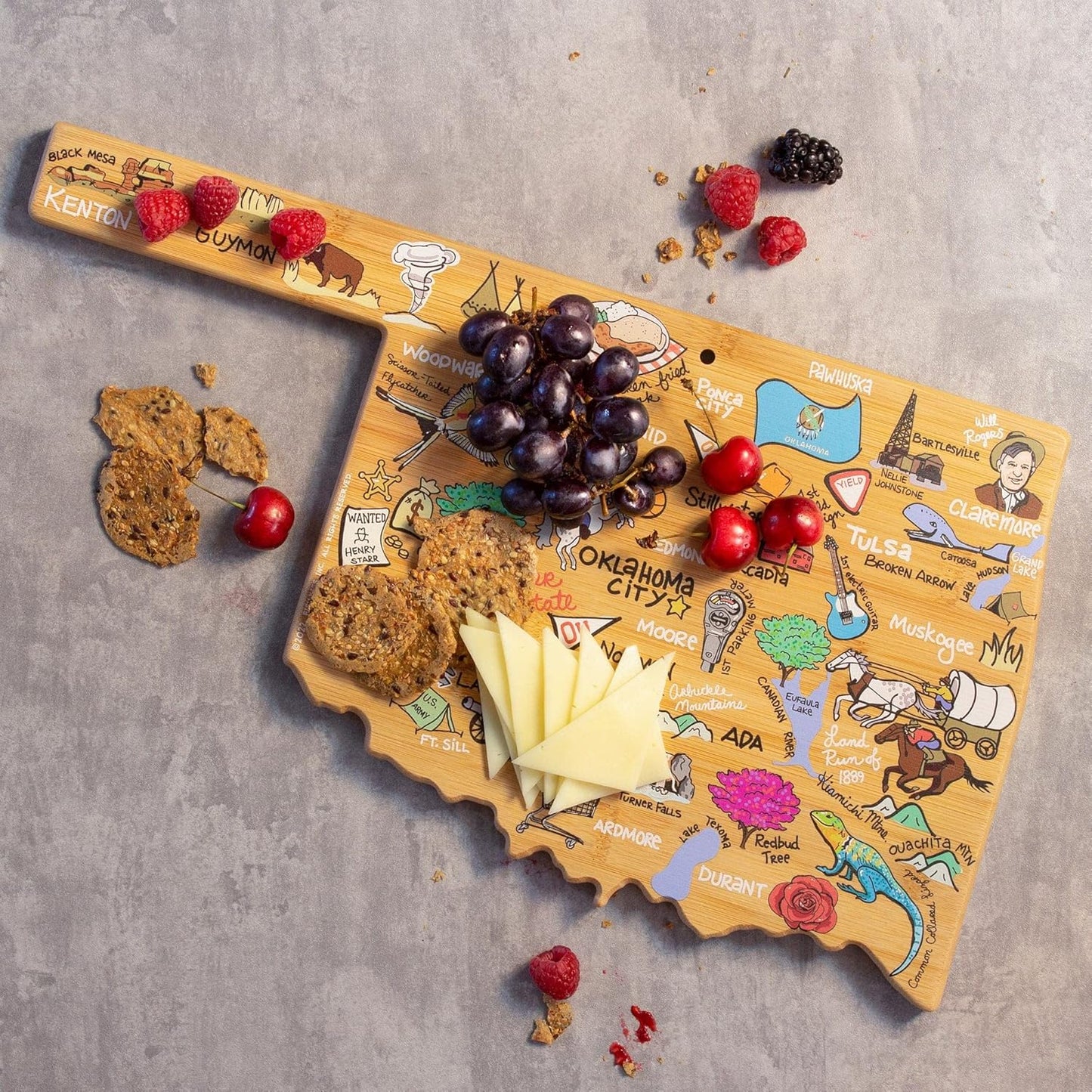Totally Bamboo Tennessee State Shaped Cutting Board and Charcuterie Serving Platter with Artwork by Fish Kiss, Includes Hang Tie for Wall Display - Colors B