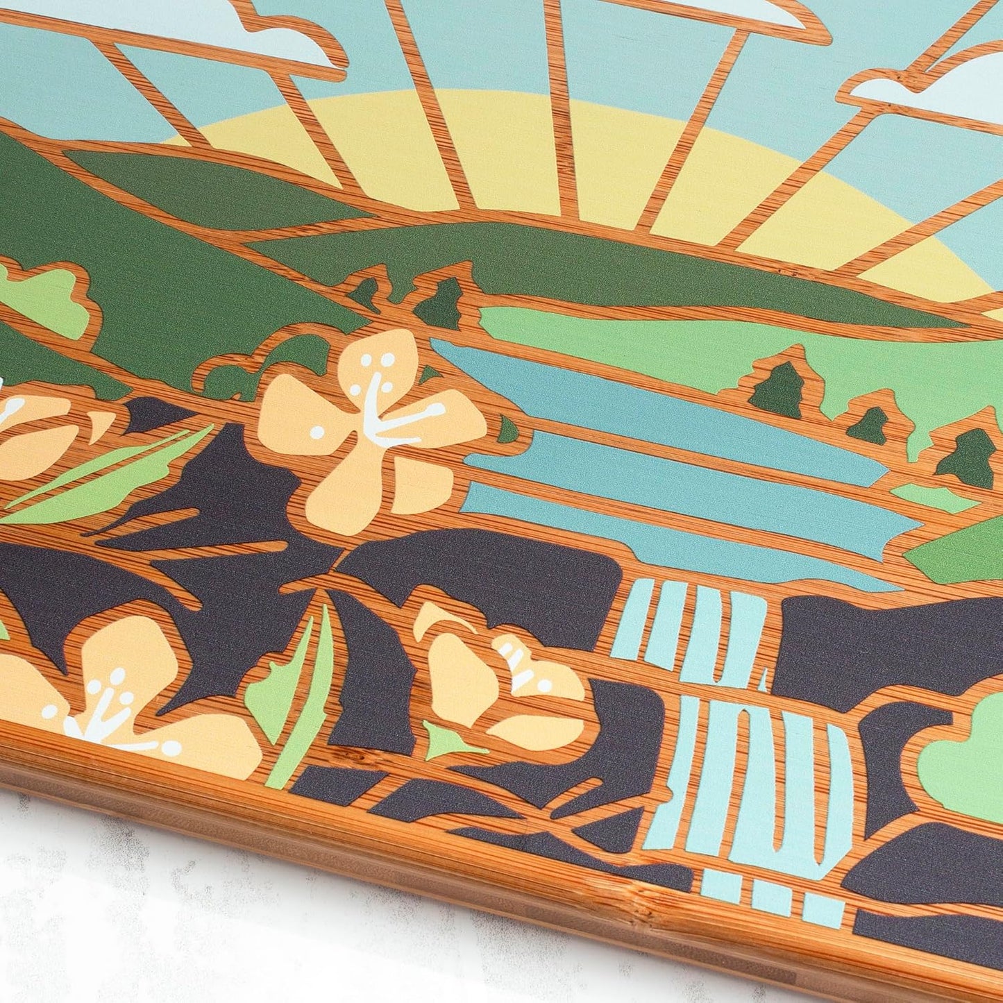 Totally Bamboo North Carolina State Shaped Cutting Board and Charcuterie Serving Platter with Artwork by Summer Stokes, Includes Hang Tie for Wall Display 18" x 8" x 5/8" - Colors A