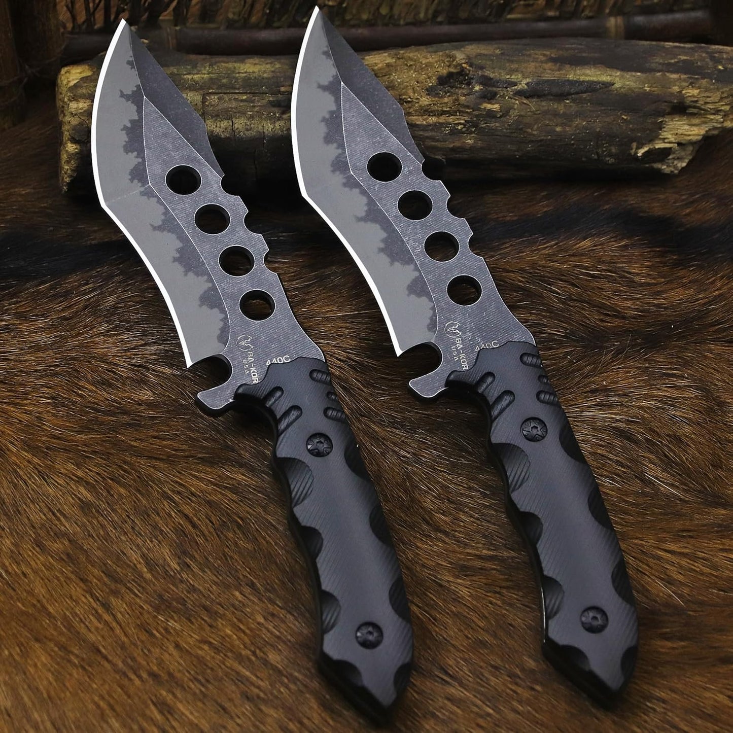 BA-KOR USA 6mm thick 440C steel (10.8in) (full Tang) fixed knife + sheath & (5.9in) cerium igniter, suitable for outdoor camping, survival, adventure, fishing, EDC, hunting knife