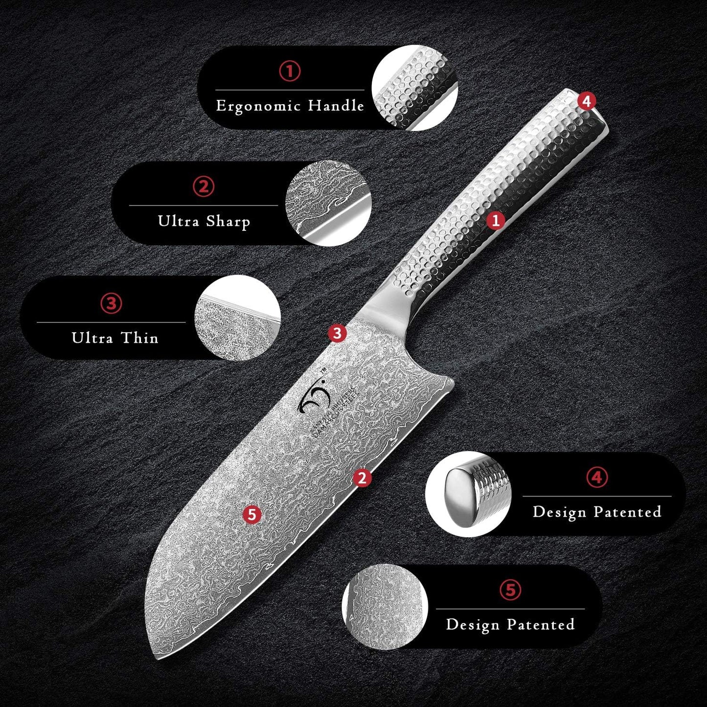 Damascus Knife Set with Block for Kitchen, 7-Piece VG10 Damascus Steel Kitchen Knife Set with Triple-Rivet Handles, Chef, Bread & Santoku Knives, Shears, Natural Wooden Block