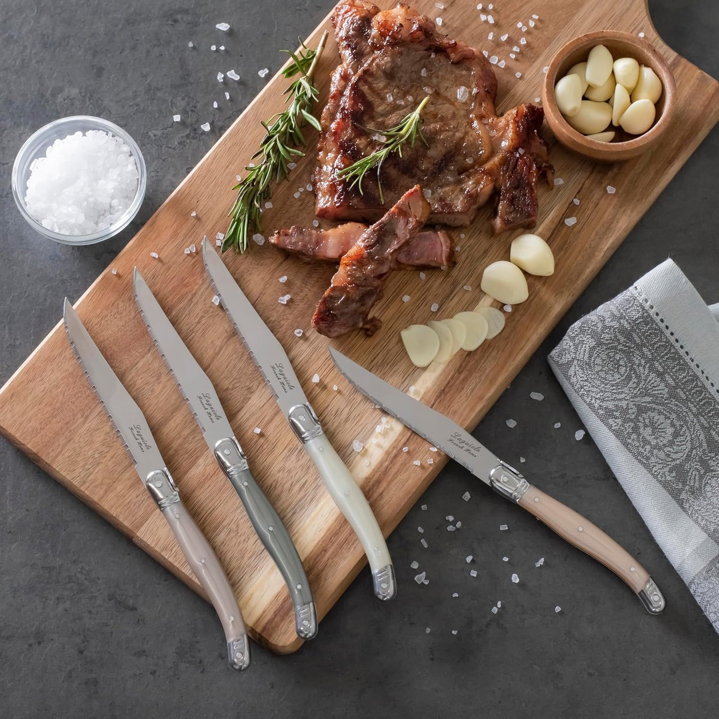 French Home Laguiole 4-Piece Steak Knife Set – Sophisticated Stainless Steel Dinner Knives with Navy Blue Handles & Iconic Bee Emblem – Serrated Knives for Smooth Cutting (9.25")