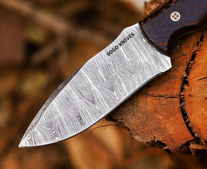 Fixed Blade Damascus Steel Hunting Knife with Leather Sheath, 9'' Full Tang Hunting Skinning,Non-Slip Wooden Handle,Camping Knife (VENGI)