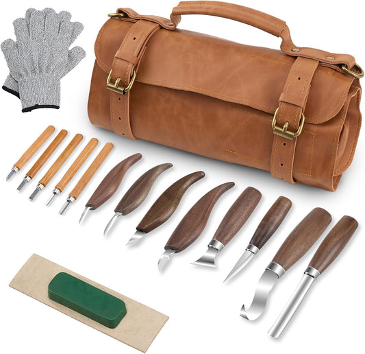 Wood Carving Knife Set, Stainless Steel Whittling Knife with Sharp Edge and Black Walnut Wood Handle for Comfortable Grip - Ideal Whittling Kit for Beginners and Professionals with Storage Bag